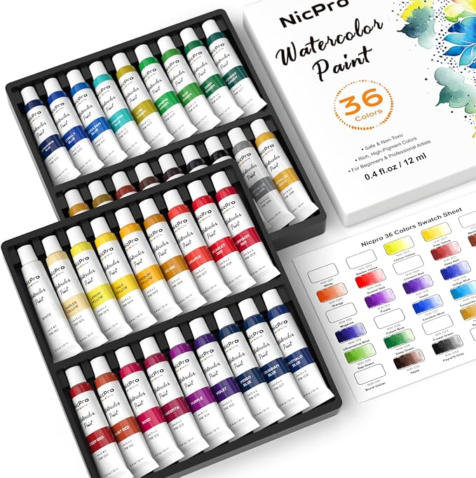 Nicpro Watercolor Paint Set for Adults, 36 Colors Watercolor Paint Tube | 12ml/0.4oz Tube, High Pigment Travel Water Color Painting Supplies for Artists Beginners, Color Wheel & Swatch Cards Included