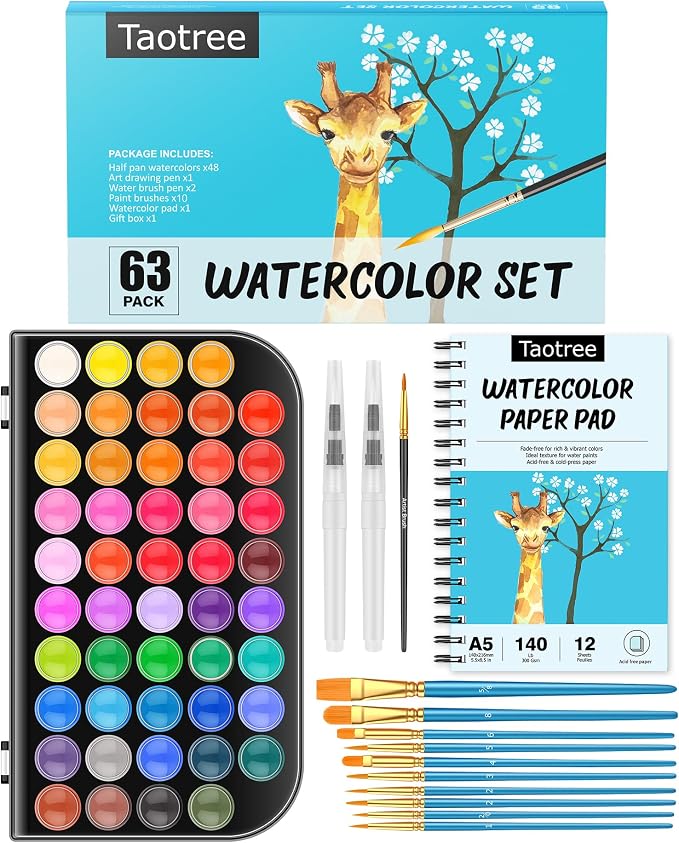 Taotree 48 Watercolor Paint Set with 10 Paint Brushes and Watercolor Book | Watercolor Workbook, Watercolor paper, Water Coloring Book with Palette, Drawing Pad, Painting Art Supplies for Adults Artist
