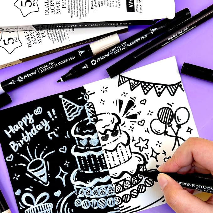 Artecho Dual Tip Acrylic Paint Pen White 5pcs set-Fine Tip and Brush Tip
