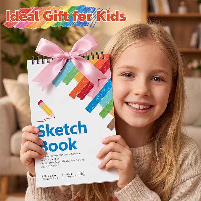 4 Pack Small Sketch Books for Kids, Spiral Bound, Acid-Free Drawing Paper | 5.5 × 8.5in Spiral Sketch Pad, 360° Lays Flat, Portable Size for School, Travel, Daily Sketching & Back to School Gift