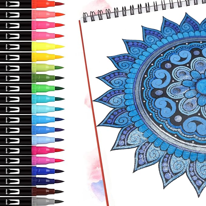 Blue Double Tip Brush Pens Art Markers,24 Colored Artist Fine Brush Pen Coloring Markers for Adult Drawing Art Craft Kit
