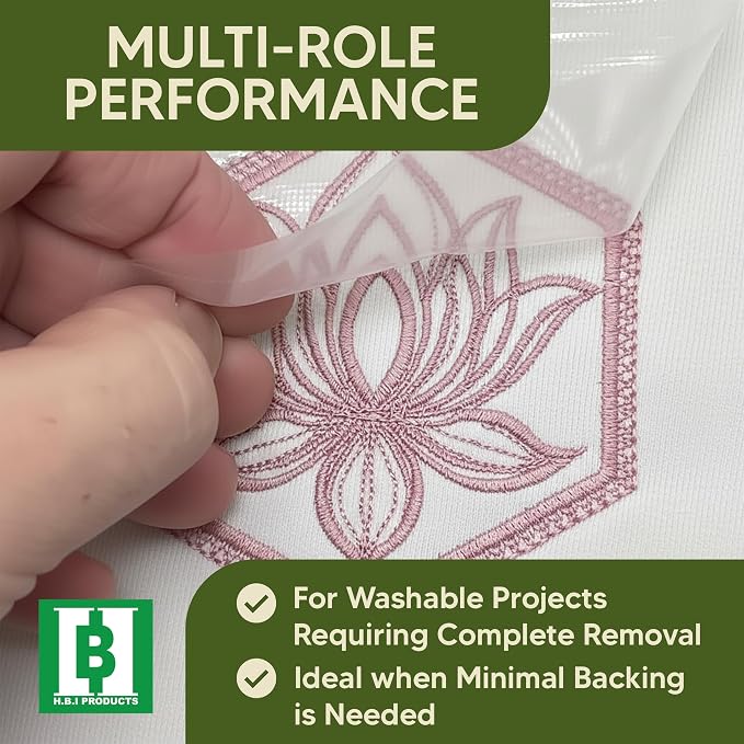 HBI Wash Away Embroidery Topping, Water Soluble Clear Film, 10 in x 25 yd | 1.5 oz water soluble backing, dissolves fully in water, machine and hand embroidery, freestanding lace, applique,