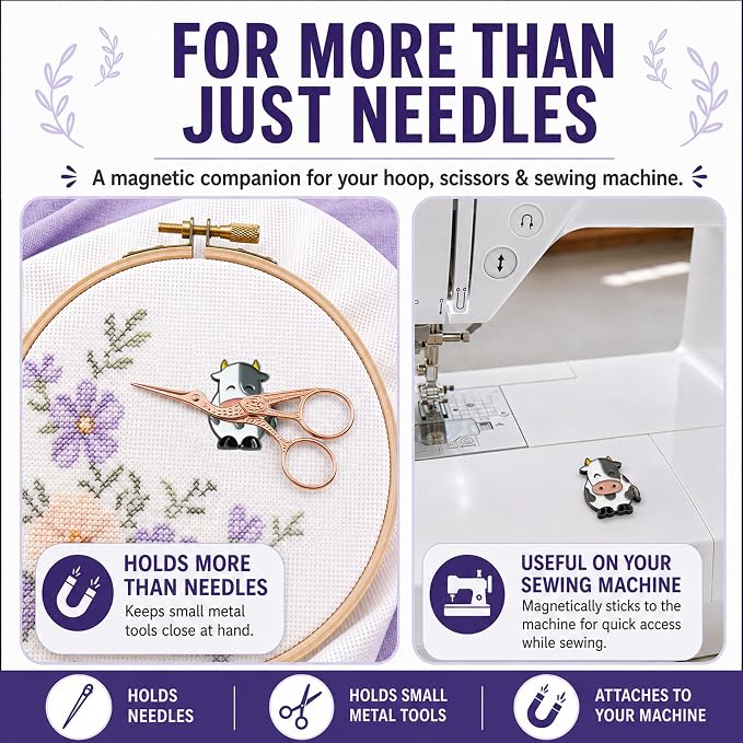 The Quilted Bear Magnetic Needle Minder, Cow | Enamel Needle Keeper for Embroidery & Cross Stitch, Secure Holder for Sewing Needles & Pins, Strong Magnet, Sewing Accessory