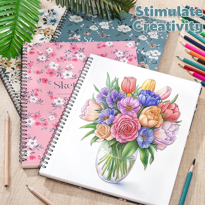 12 Pack Sketch Books 8.5 × 11 in, Top Spiral, 30 Sheets, Acid-Free | 100gsm Paper, Hardcover with Rigid Backboard, Lay-Flat Top Spiral, for Pencil, Ink, Charcoal And Colored Pencil