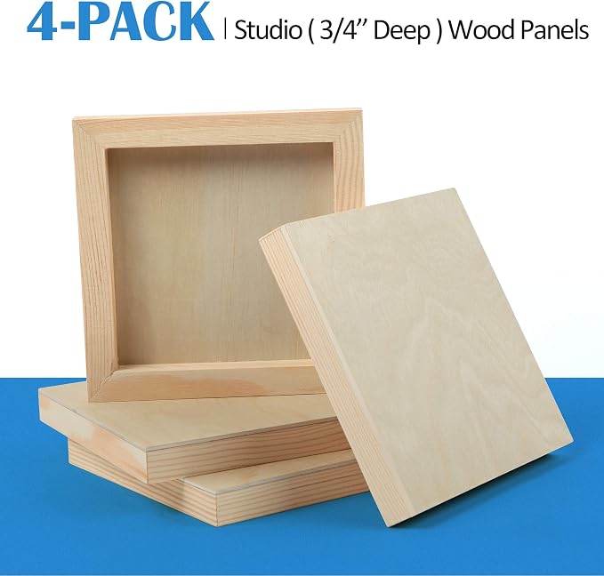 Falling in Art 4 Pack 6x6’’ Unfinished Birch Wood Panels Kit for Painting | Studio 3/4’’ Deep Wooden Canvas, Cradle Boards for Acrylic Pouring, Art, Crafts, Epoxy Resin, Laser Engraving Cutting