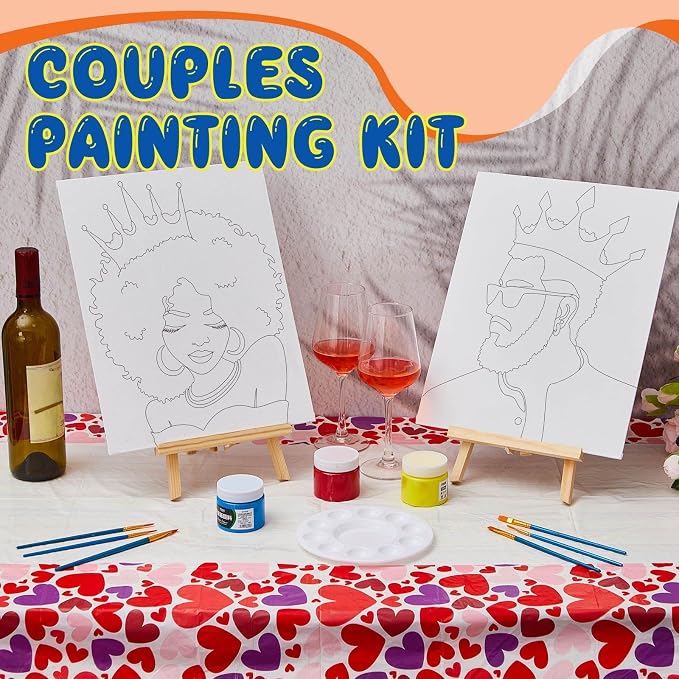 Yeaqee 13 Pcs Sip and Paint Kit for Adults Stretch Canvas Date Night Valentines Painting Kit Supplies Art Painting Set Outline Design Blank Stretch Canvas for Couple Party(Afro King Queen,11x14)