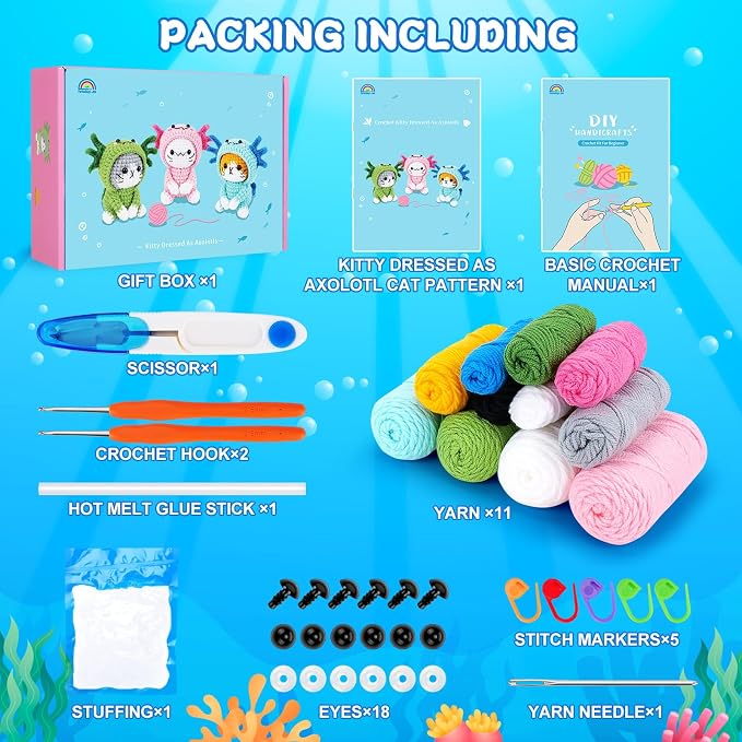 Fortuning's JDS Crochet Kit for Beginners, 3 PCS Axolotl Cat Crochet Kits | w/ Step-by-Step Video Tutorials, Beginner Crochet Kit for Adults Kids, Cat Crochet Gifts for Girl