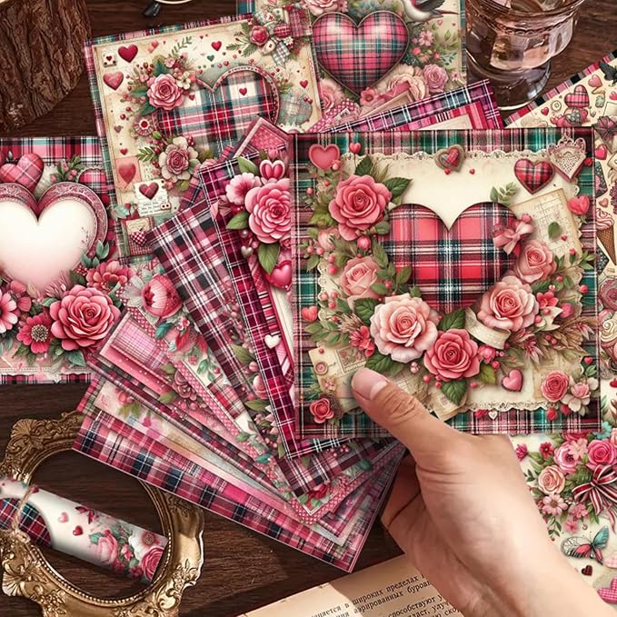 Vintage Valentine Scrapbook Paper Pad - 24 Sheets 6in Pink Love Hearts Patterns Designed Decoupage Supplies for Journals Folded Cardstock DIY Crafts Origami Gift Wrapping Material