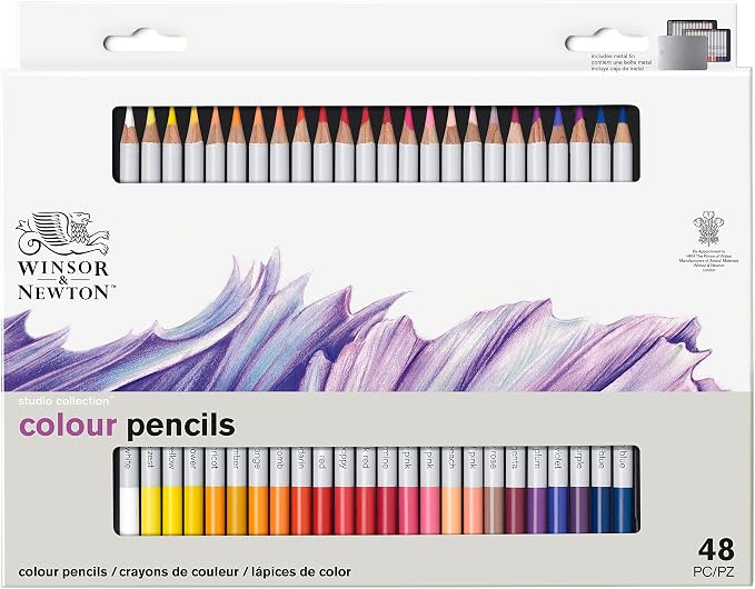Winsor & Newton Studio Collection, Color Pencils, Set of 48 | Rich, Vibrant Color, Thick-Core Pencils, Soft Smooth Texture, Easy Blending, Stylish Metal Tin Included, High Quality Lead
