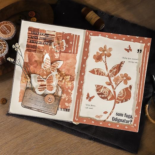 Tea-Dyed Scrapbook Washi Tape Set – 6 Rolls with Metal Clip, Torn Edge Brown Patterns Vintage Journal Collage Supplies for Junk Journal, Planner, Cardmaking & DIY Crafts