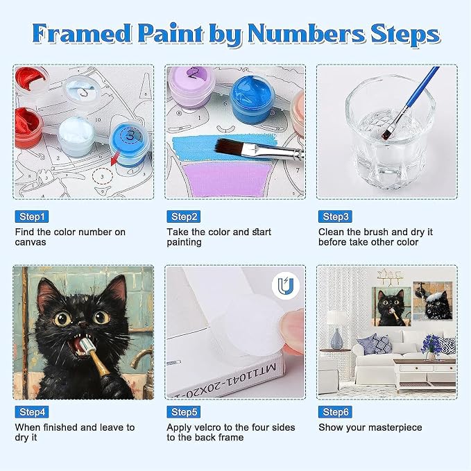 Clendo 4 Pack Black Cat Paint by Numbers Kit for Adults with Frame - Animals in Bathtub Adult Paint by Number Kit DIY Oil Painting Kits for Home Wall Decor 8x8 Inch