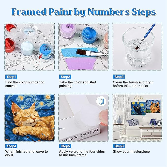 Canrichshop 4 Packs Black Cat Paint by Number Kit for Beginner with Frame,Paint by Numbers Kits on Canvas, DIY Number Painting for Adults for Decor 8X 8 inch
