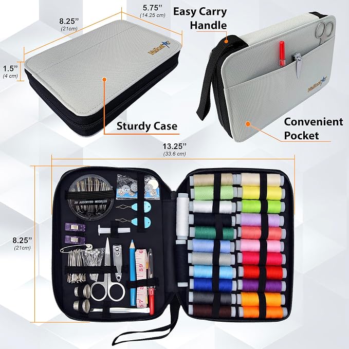 Vellostar Sewing Kit for Adults & Kids - 100-Piece Light Grey Beginner Set | Compact and portable, this sewing kit fits in a bag or glovebox for repairs on the go