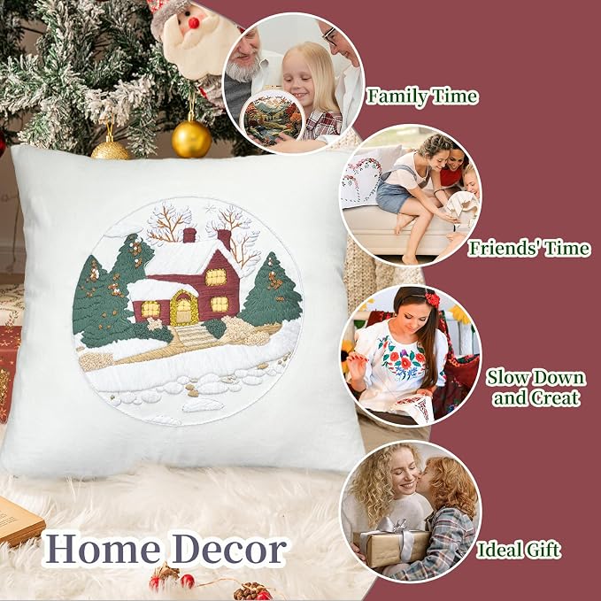 FONNUY Christmas Embroidery Kit for Beginners, Throw Pillow Case Cross Stitch Set Winter Snow House Holly Tree Pattern for Adults, Hand Works Crafts Throw Pillow Cover, 18 x 18'' (Red)
