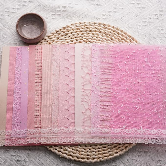 15Pcs Handmade Scrapbook Art Craft Textured Paper Colorful A5 sheet Mesh Special Paper Mix for Scrapbooking Junk Journal Journaling Supplies DIY Materials,5.8x8.2 inches (Pink)