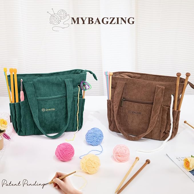 MYBAGZING Crochet Bag and Tote - Corduroy Yarn Bag - Yarn Holder for Crocheting - Crochet Storage Bag for Crochet Hooks, Crochet Accessories, Knitting Bag for Crochet Lovers, Mother's Day Gift