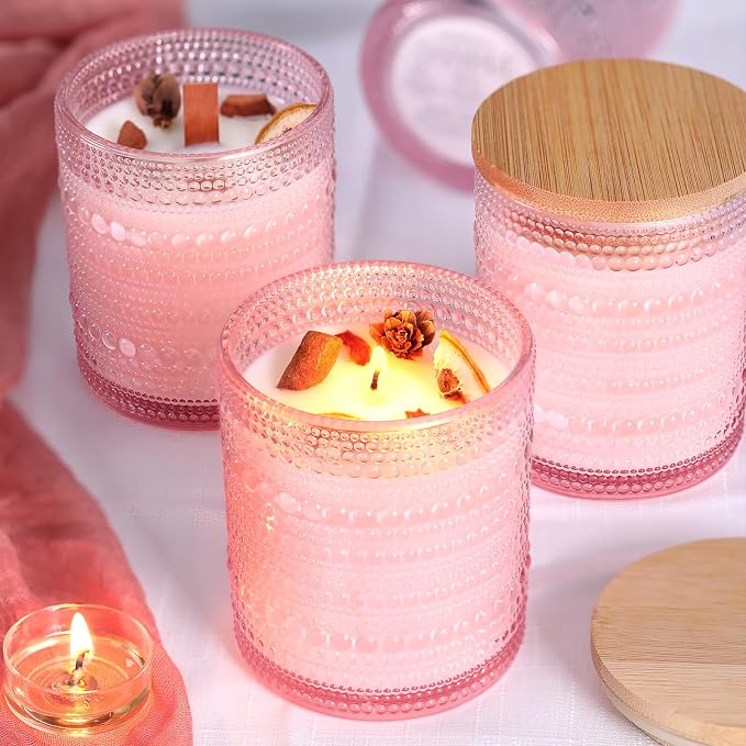 DARJEN 12 Pcs 10 oz Glass Candle Jars with Lids, Candle Container Tins-Pink | Thick Wall Ribbed Glass, Airtight Wood Lids- The go to candle jar for DIY, thoughtful gifters, growing candle brands