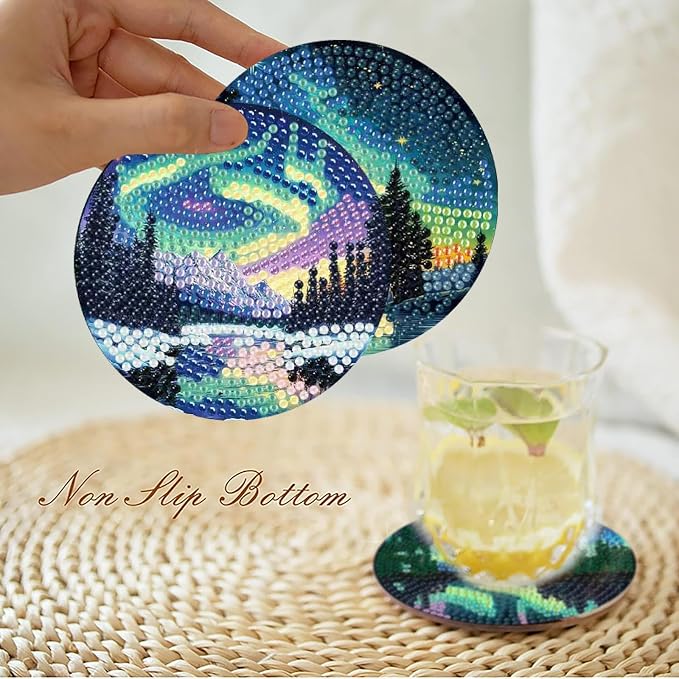 askkqtx 8 Pcs Aurora Diamond Art Coasters Kits with Holder 4X4 Inch