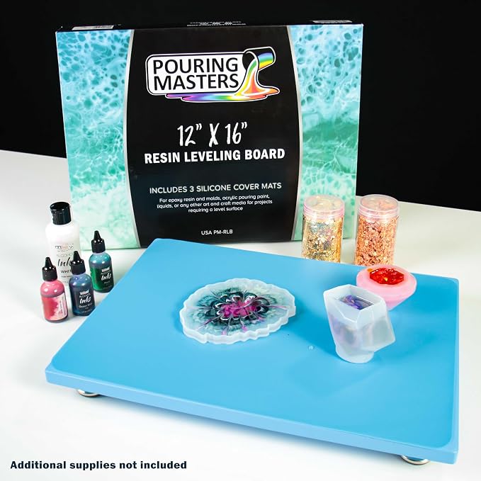 Pouring Masters Leveling Board for Epoxy Resin & Acrylic Pouring, 16" x 12" | Self Leveling Table with 3 Silicone Mats - Precision Adjustable Resin Table for Arts & Crafts Projects, Molds