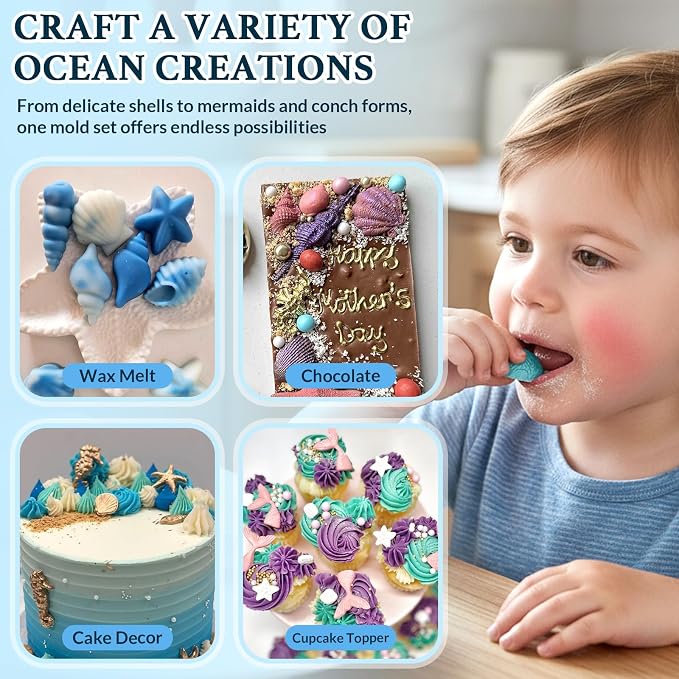 HKNMTT Marine Themed Silicone Mold for Polymer Clay Fondant, Seashell Mermaid Tail Starfish Ocean Seahorse Air Dry Clay Craft Cake Decor Wax Melt Chocolate Candy Mould DIY Cupcake Toppers BPA Free