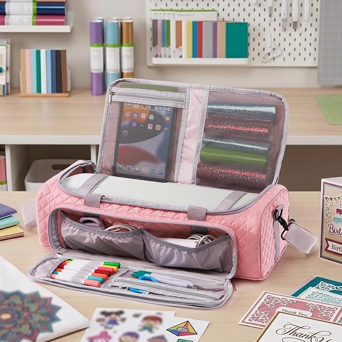 AMOIGEE Puff Carrying Case for Cricut Explore 5, Quilted Storage Bag for Die-Cutting Machine, Travel Craft Tote with Pockets for Vinyl, Tools, Mats and Cricut Accessories and Suppliers