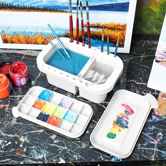 MyLifeUNIT Paint Brush Cleaner, Paint Brush Holder with Palette, White | 18 mixing wells, 16 slots fitting 0.24-0.63 in diameters, 3 washing compartments, removable tray lid