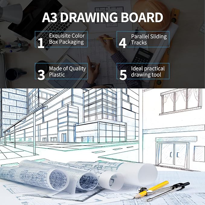 Zonon A3 Portable Drawing Board, Multi-Function Metric Drafting Table Drafting Board with Clear Rule Parallel Motion and Angle Adjustable Measuring System(A3)