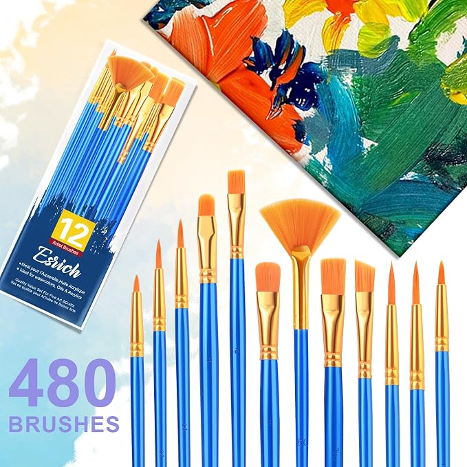 ESRICH Paint Brushes, 40Pack 480pcs Paint Brush for Acrylic Painting | Artist Paintbrushes for Watercolor Oil Rock Face Painting, Paint Brush for Kids Adult Arts Painting Brush Kits.