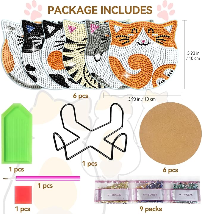 Vcekract 6 Pcs Cat Diamond Art Coasters Kit for Adults | Diamond Painting Coasters with Holder & Protective Backing, Diamond Art Adult Crafts for Table Home Decoration