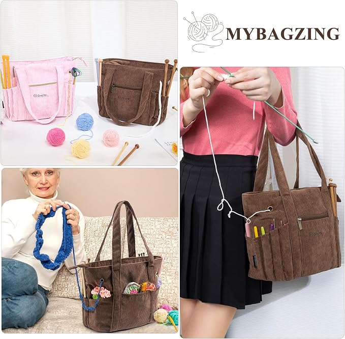 MYBAGZING Corduroy Crochet Bag 11.5" Large Yarn Storage Tote with Grommets, Needle Holders – Knitting Bag Organizer for Crochet Hooks, Accessories, Tools & Projects –Gift for Knitters & Crafters