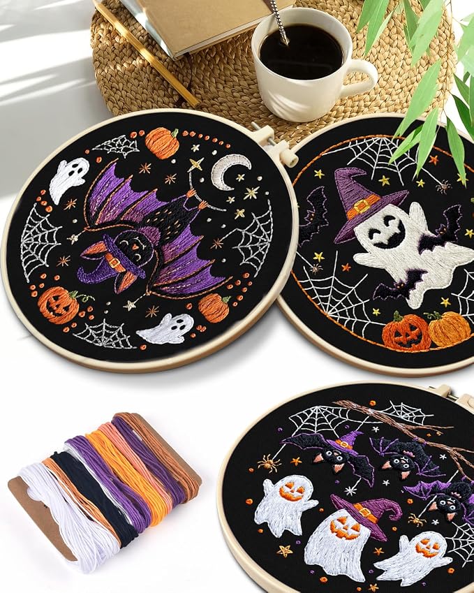 TINDTOP Halloween Embroidery Kit for Adult, 3 Pack Embroidery DIY Starter Kit, with Stamped Patterns, Hoop, Tools, Colorful Threads with Needles, Instructions