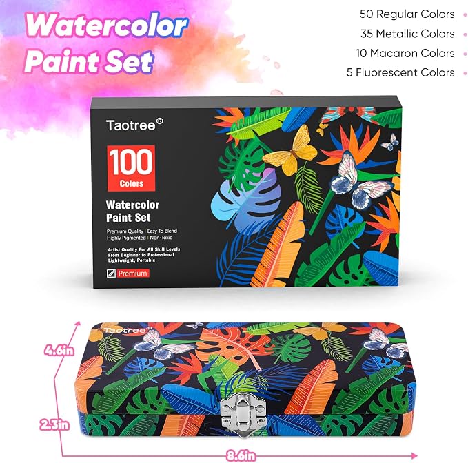 Taotree Watercolor Paint Set 100 Colors, Art Supplies Travel Water Colors | Coloring Set Watercolors Kit with 3 Paints Brushes, Crafts Painting Supplies, Drawing for Adults Artist Drawing