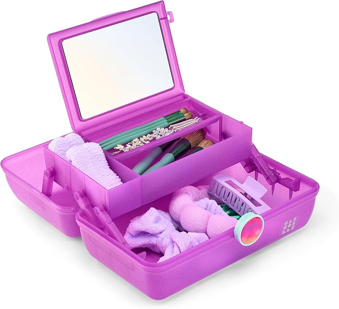 Caboodles On-The-Go Girl Makeup Box, Purple Sparkle, Show Girl Collection, Hard Plastic Makeup Organizer Box, Built-In Mirror, Secure Latch for Safe Travel, Spacious Storage for Large Items