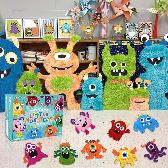CiyvoLyeen Kids Sewing Kit Crafts – Little Monsters Felt Plush DIY Craft Adopt A Monster Educational Sewing Set for Kids Beginner Craft Kit Set of 8