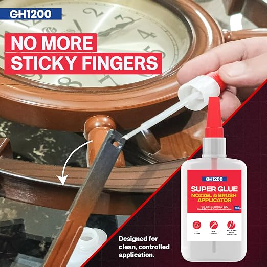 GH1200 2 PCs (2-in-1) Super Glue with Brush Applicator & Nozzle, Mess Free Superglue Brush, Instant Never Dries, 3000 CPS Ca Glue, No Stain Clear Glue, Super Glue for Plastic, Rubber & More