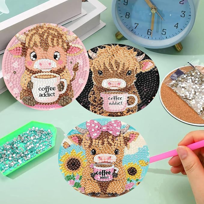 mrpwnle Diamond Art Coasters Kits, 8 Pcs Cow Diamond Painting Coasters Kits