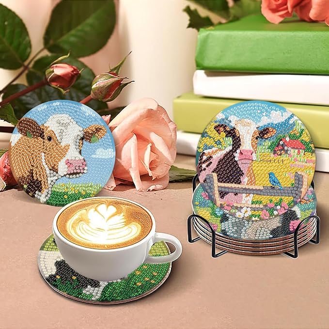 askkqtx 8 Pcs Cow Diamond Art Coasters Kits with Holder 4X4 Inch