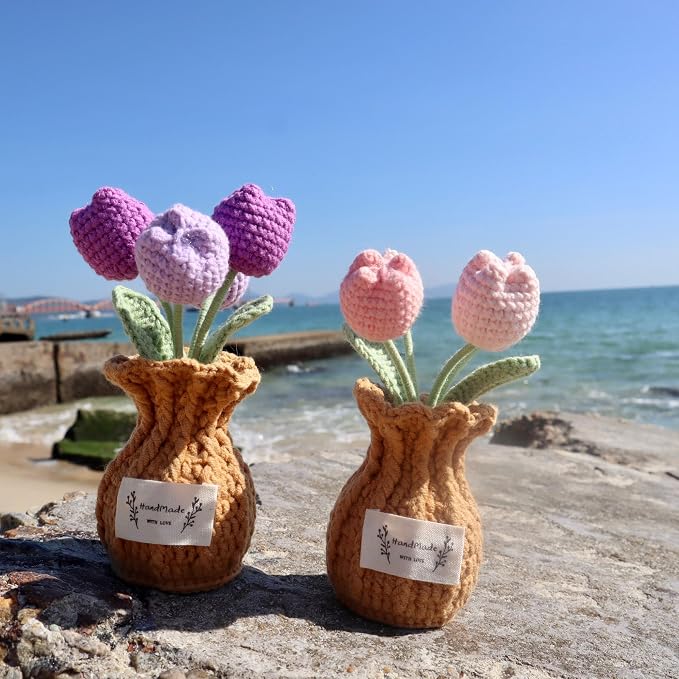 Tulip Crochet Flower Potted Plant Handmade Desk Decor Gift