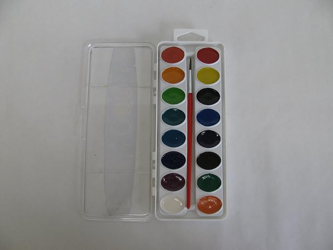 Prang Washable Semi-Moist Watercolors Oval Pan Set with Size 6 Paintbrush, Non-Refillable, 16 Assorted Colors, Pack of 1
