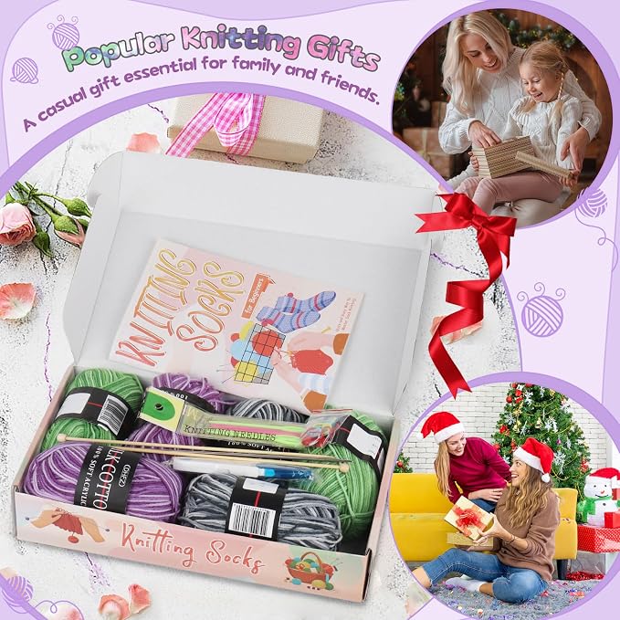 Katech Knitting Kit for Beginner Adults W/Socks Step-by-Step Instruction | Knitting Kit clue 6 Socks Yarn and Knitting Needles, Knitting Starter Kit for Learn-to-Knit Kits for Beginner-Gray