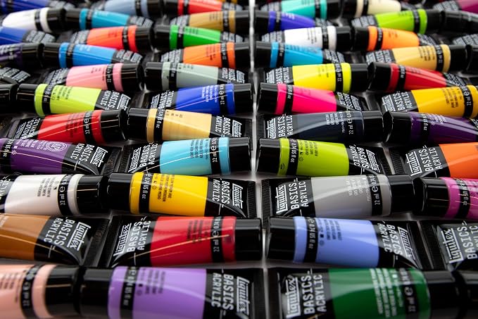 Liquitex BASICS Acrylic Paint Set, 72 x 22ml (0.74-oz) Tubes | Medium Viscosity, Satin Finish, Lightfast, Fine Art Pigments, Range of Opacities, Easy Blending