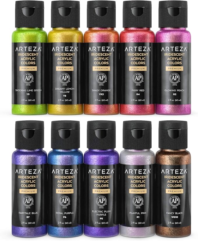 ARTEZA Iridescent Acrylic Paint Set, 10 Galaxy Colors, 60 ml/ 2 fl oz Tubes