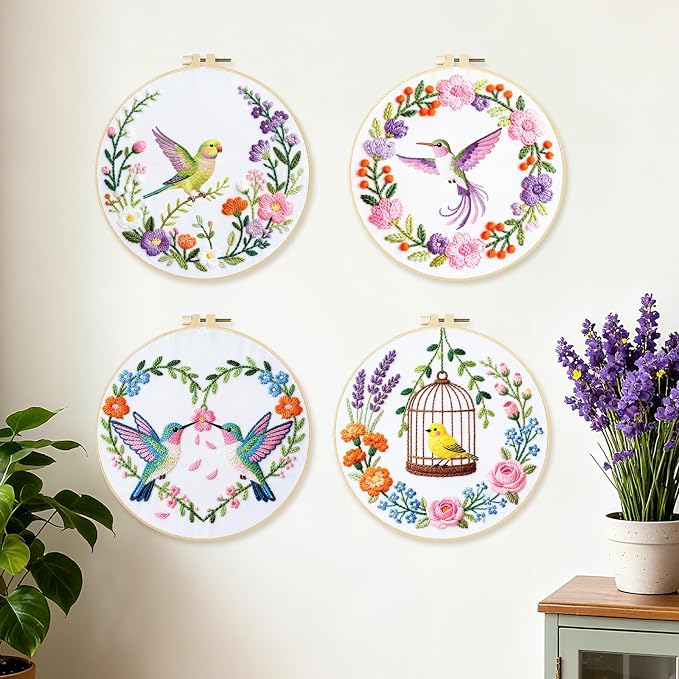 BEUNITONE 4 Set Wreath and Bird Pattern Embroidery Kit for Adult Beginners | DIY Complete Needlepoint Kits for Adults, Handmade Embroidery with Hoops and Instructions Gifts for Fabric Home Decor 20x20cm