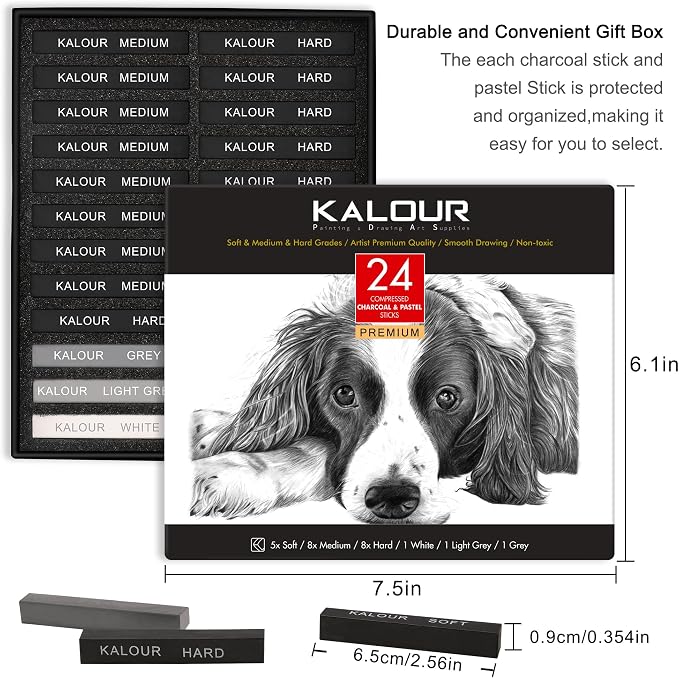 KALOUR 24 Pro Charcoal Drawing Set - Soft,Medium,Hard Charcoal and White - Charcoal Sticks for Drawing Sketching Shading - Art Supplies Gift for Artists Beginners Adults