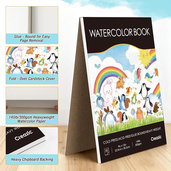 Creazic Watercolor Paper Pad 9"x12", 140lb/300gsm Cold Press Sketchbook (18 Sheets) - Glue Bound Acid-Free Heavyweight No Bleed Drawing Pad for Watercolor, Gouache, Ink & Mixed Media for Beginners