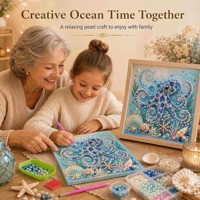 Ocean Theme Pearl Art DIY Kit, Octopus Wave 3D Pearl Craft Kit, Sea Turtle | Sparkling Coastal Pearls Mosaic Art with Pearls & Rhinestones, Ocean Diamond Art for Adults, DIY Home Wall Decor Gift