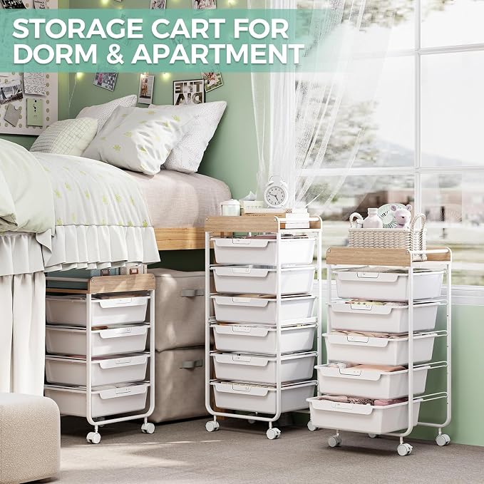 SYKIARIOL Utility Cart with Drawers,Craft Cart with 5 Drawers,White | Art Supply Organizer,Rolling Drawer Cart,Craft Storage Cart,Storage Drawer Carts With DIY Lable and Wooden Tabletop Area