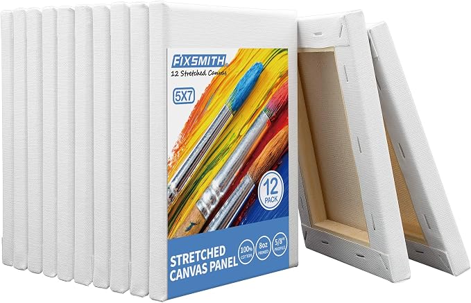 FIXSMITH Stretched White Blank Canvas- 5x7 Inch,Bulk Pack of 12,Primed,100% Cotton,5/8 Inch Profile of Super Value Pack for Acrylics,Oils & Other Painting Media.