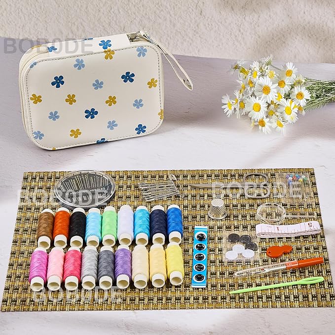 Bobode Sewing Sets & Kits Travel Sewing Kit for Adults | Floral Pattern Sewing Set Professional Basic Sewing Supplies Printing Carry Sewing Kit for Emergency,Beginners
