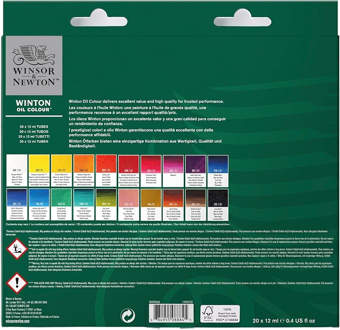 Winsor & Newton Winton Oil Color Paint Set, 20 x 12ml (0.4-oz) Tubes | Artist pigments, Durable, Lightfast, Permanent, Uniform Consistency, Great Pigment Load
